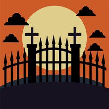 spooky Halloween scene with a dark cemetery fence