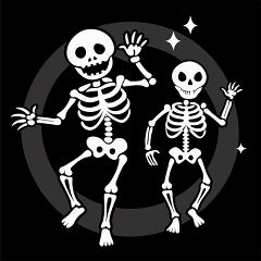 spooky playful trio of skeletons waving