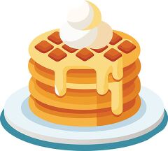 stack of breakfast waffles with syrup and whipped cream