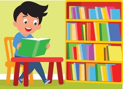 boy student reading in library clipart