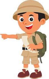 boy wearing safari outfit with backpack points in one direction 