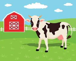 cow standing in pasture with white fence near red barn  clipart