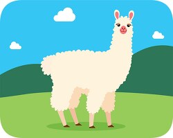 cute llama in grassy field with green hills blue sky Clipart