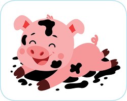happy smiling pink baby pig playing in mud clipart