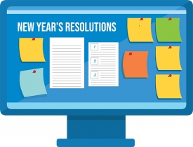 new years resolutions on computer screen with post it notes clip