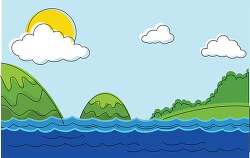 ocean water scene with islands blue sunny sky with clouds