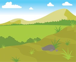 open green grassland with rocks blue sky in africa clipart