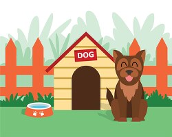 Pet Dog sitting near dog house with bowl of food in backyard cli