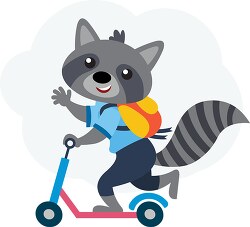 raccoon character going school on kick scooter clipart