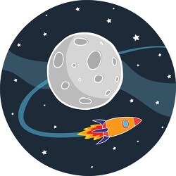 rocket passing by moon in the night sky with stars clipart