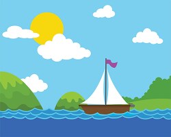 sailboat in wavy ocean with blue sky green land clipart