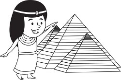 young ancient egyptian girl pointing towards pyramids at giza bl