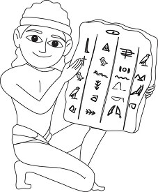 young ancient egyptian holding tablet with hieroglyphs black out