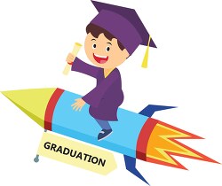 student flying on rocket holding graduation degree clipart