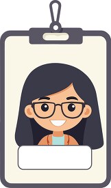 student name tag girl with dark hair wearing glasses