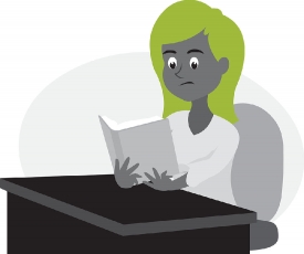 student sitting at a desk reading school book gray color clipart