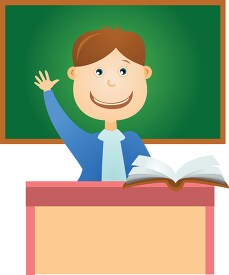 student sitting at desk raising his hand in classroomclipart