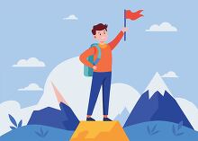 student standing on a mountain holding a red flag