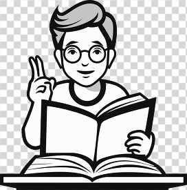 student with book open two fingers up black white outline