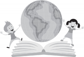 students standing on open book with world globe gray color clipa