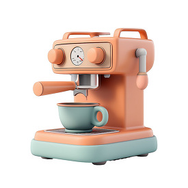 stylish 3D clay icon of an espresso machine in pastel orange and