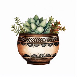 succulent plants in a rustic pattern pot clip art