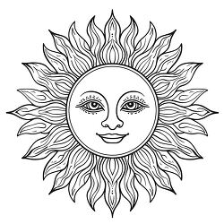 sun clipart with a facial design in the center and ornate wavy r