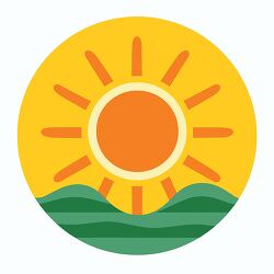 sun icon with a central orange circle rising over a green landsc