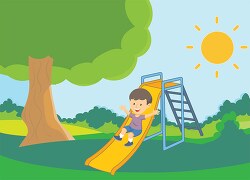 sunny day at park with child playing on a slide clipart