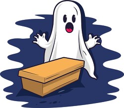 suprised halloween ghost near a wooden casket