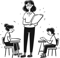 teacher stand between two students sitting at desk minimal line 