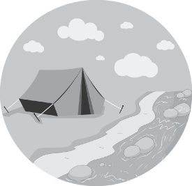 tent setup at camp site near river vector gray color clipart
