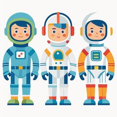 Three astronauts in bright and cheerful spacesuits are standing 