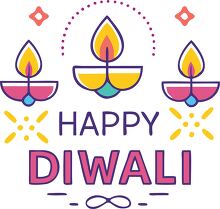 Three brightly colored Diwali lamps above the text Happy Diwali