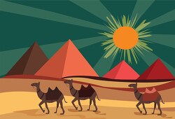 three camels are walking in the desert with pyramids in the backg