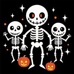 Three dancing skeletons against a black background waving