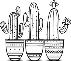 three different tall cactus plants in separate pots black outlin