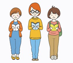 three female students with different hair colors reading books