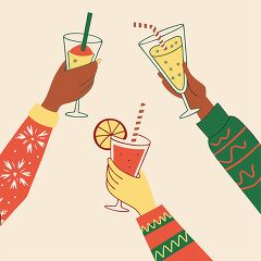 Three hands holding festive drinks in holiday sweaters