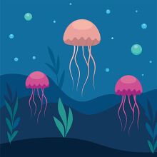 Three jellyfish drift peacefully in the deep blue ocean