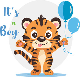Tiger holding blue balloons its a boy