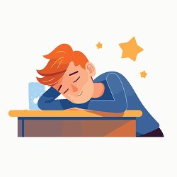 tired young boy is sleeping on a desk