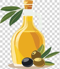 transparent bottle of fresh olive oil with fresh olives and leav