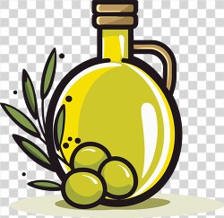 transparent bottle of olive oil garnished with green leaves and 