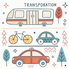 Illustration of transportation concepts featuring a bus, car, bicycle, and trees