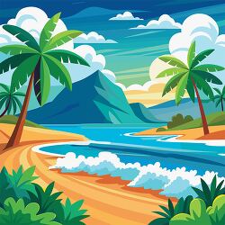 Tropical beach scene with palm trees and ocean waves clipart