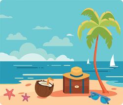 tropical beach vacation with a palm tree a coconut drink clipart