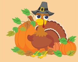 turkey wearing hat surrounded by pumpkins thanksgiving