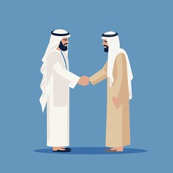 two arab men wearing keffiyeh shaking hands blue background