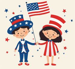 two children dressed in patriotic outfits with flag